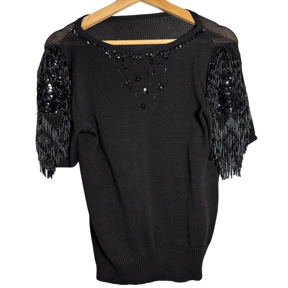 Vintage 80s Black Sequin Beaded Fringe Embellished Shoulder Boat Neck Shirt